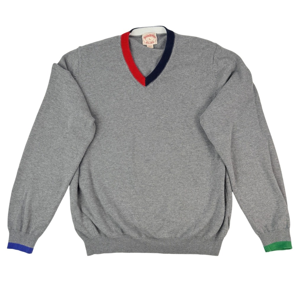 Brooks Brothers Mens Gray V-Neck Sweater‎ Colorblock Trim Size L RN93986